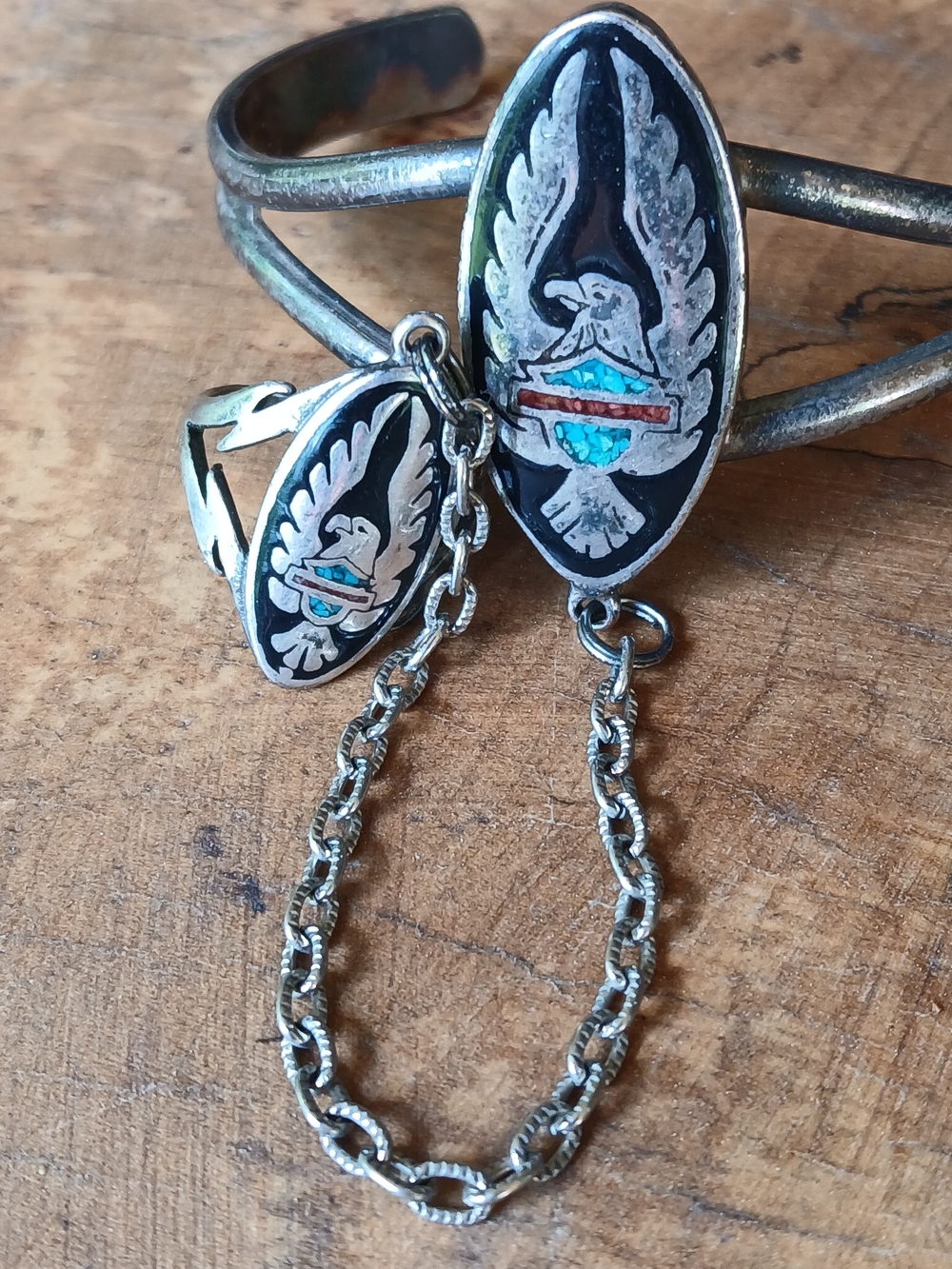 G&S Sterling Tone Harley-Davidson Eagle Bar and Shield Motif Cuff & Ring Set